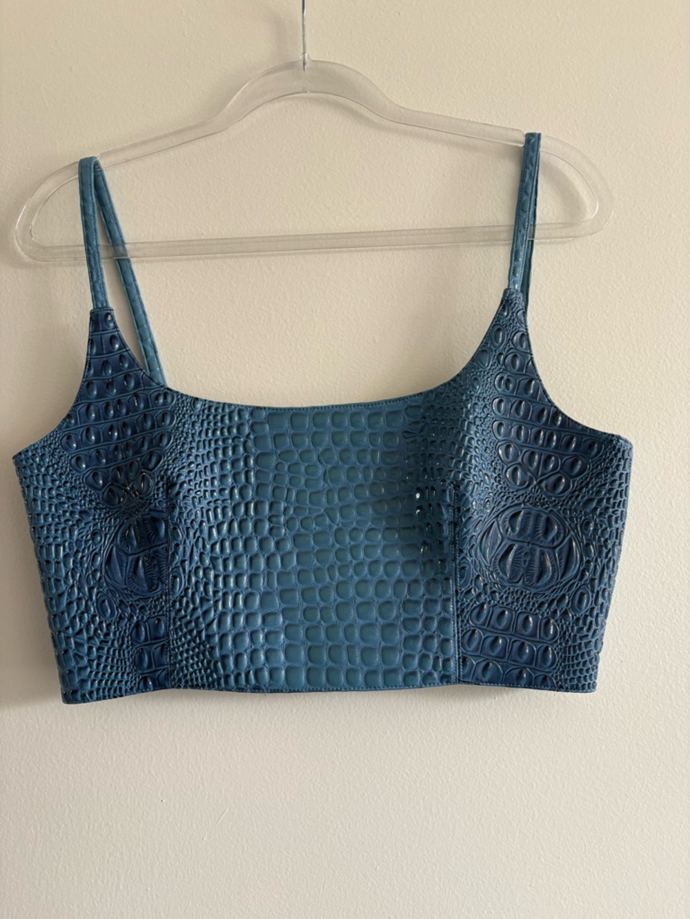 Blue Croc-Embossed Crop Tank Top